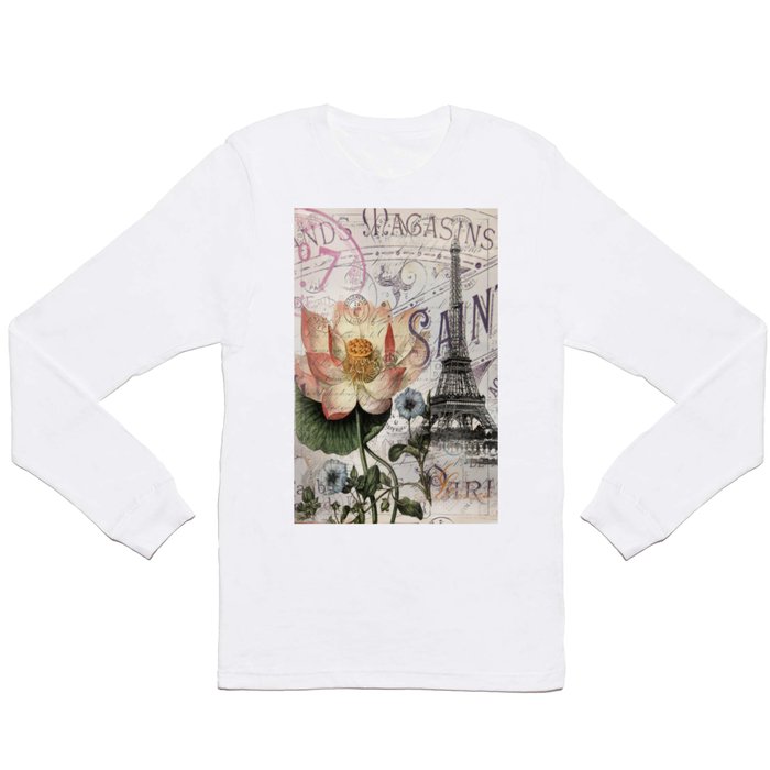 french scripts lotus floral vintage paris eiffel tower Long Sleeve T Shirt