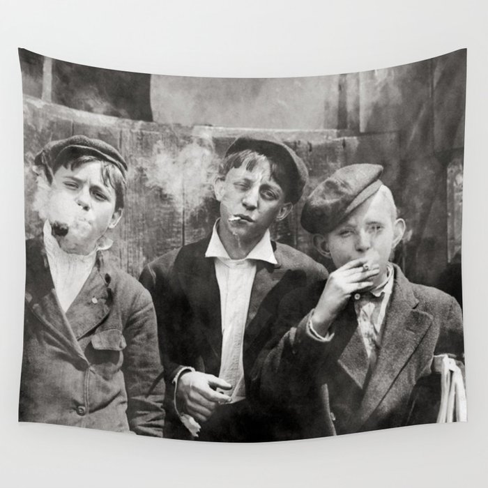 Newsies Boys Smoking Lewis Hine 1910 Wall Tapestry by FAMOUS
