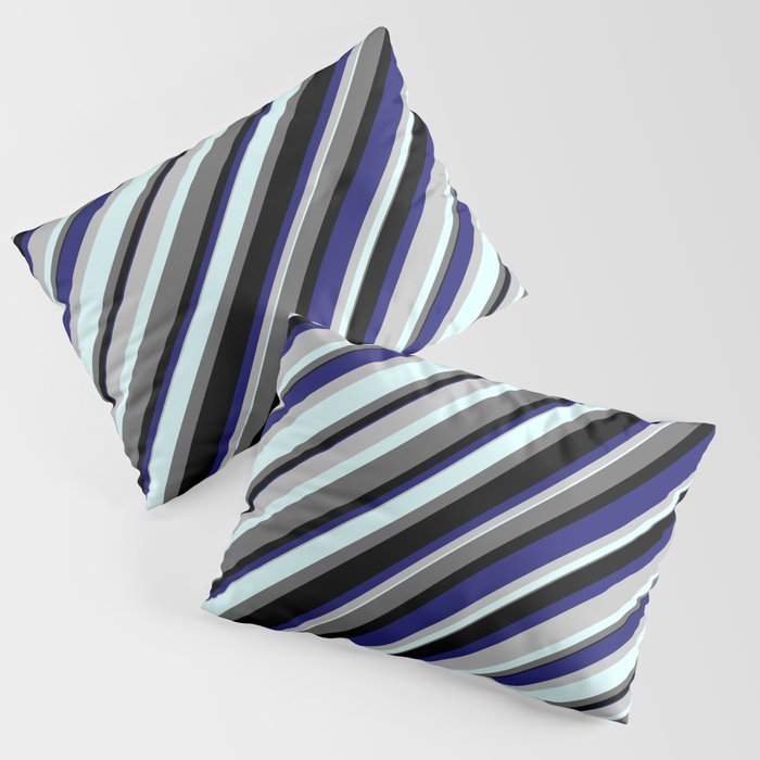 Vibrant Grey, Light Cyan, Dim Grey, Black, and Midnight Blue Colored Striped/Lined Pattern Pillow Sham