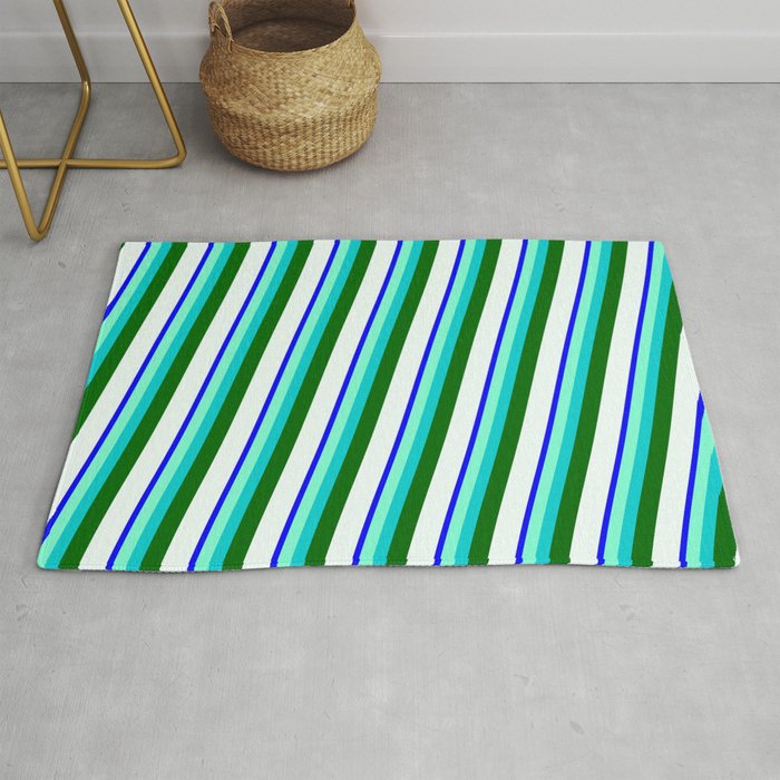 Blue, Aquamarine, Dark Turquoise, Dark Green & Mint Cream Colored Stripes/Lines Pattern Rug