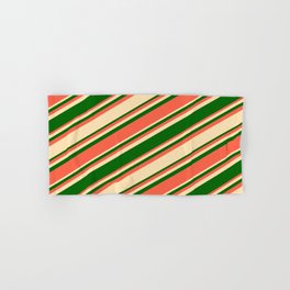 [ Thumbnail: Beige, Dark Green & Red Colored Lined Pattern Hand & Bath Towel ]