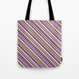 [ Thumbnail: Purple, Tan, and Green Colored Lines Pattern Tote Bag ]