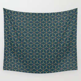 Geometric pattern no. 8 with orange stars and blue cubes  Wall Tapestry