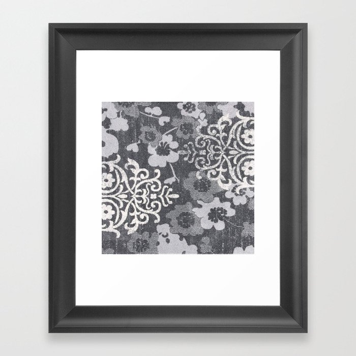 Floral Glam Damask Distressed Charcoal / Ivory Framed Art Print