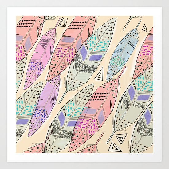 The feathers are multicolored on a beige background . Art Print
