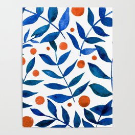 Watercolor berries and branches - blue and orange Poster