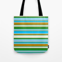 [ Thumbnail: Forest Green, Deep Sky Blue, Beige, Sky Blue, and Dark Goldenrod Colored Striped/Lined Pattern Tote Bag ]