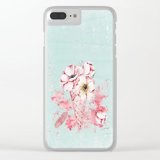 Pink & Teal Summer Fun Flower Ice Cream Waffle -Illustration Clear iPhone Case