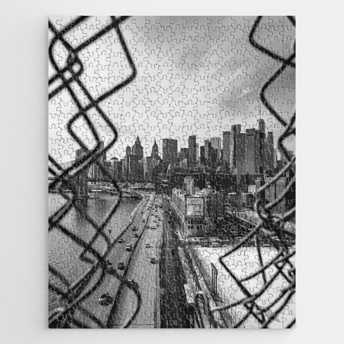 Views of New York City | Skyline and Brooklyn Bridge Through the Fence | Black and White Jigsaw Puzzle