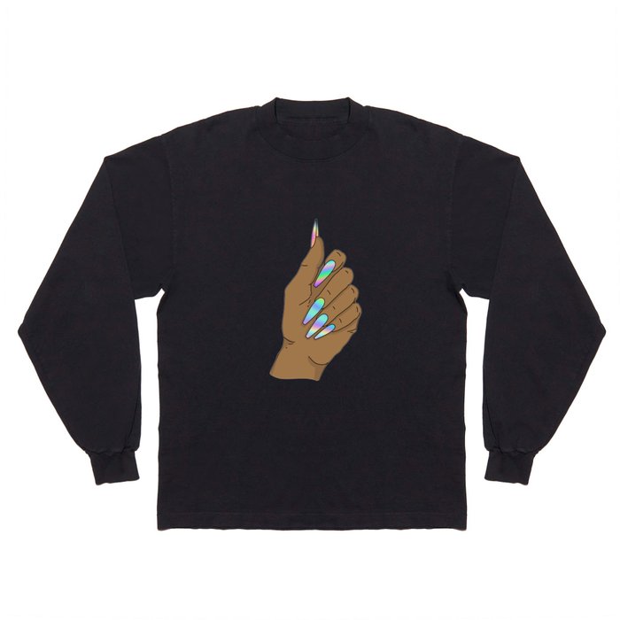 Woman Hand With Long Holographic Nails Long Sleeve T Shirt