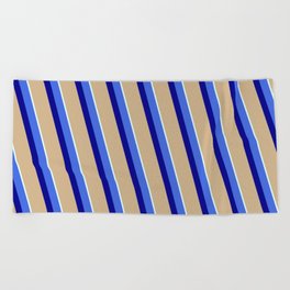 [ Thumbnail: Royal Blue, Dark Blue, Tan & Light Cyan Colored Stripes/Lines Pattern Beach Towel ]