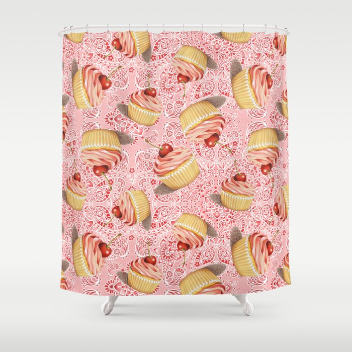 Pink Paisley Cupcake Twirling Shower Curtain