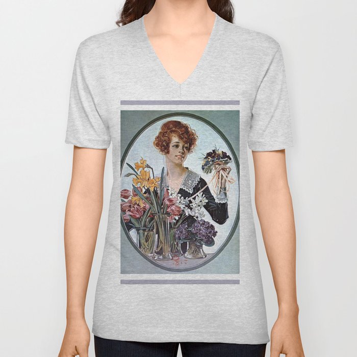 Lady with flowers V Neck T Shirt