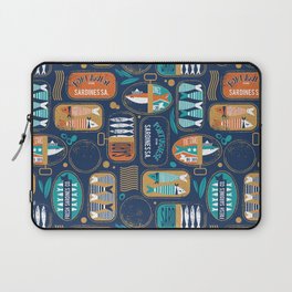 Vintage canned sardines // navy blue background peacock teal and gold drop orange cans  Laptop Sleeve