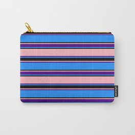 [ Thumbnail: Blue, Black, Light Pink & Indigo Colored Lines Pattern Carry-All Pouch ]