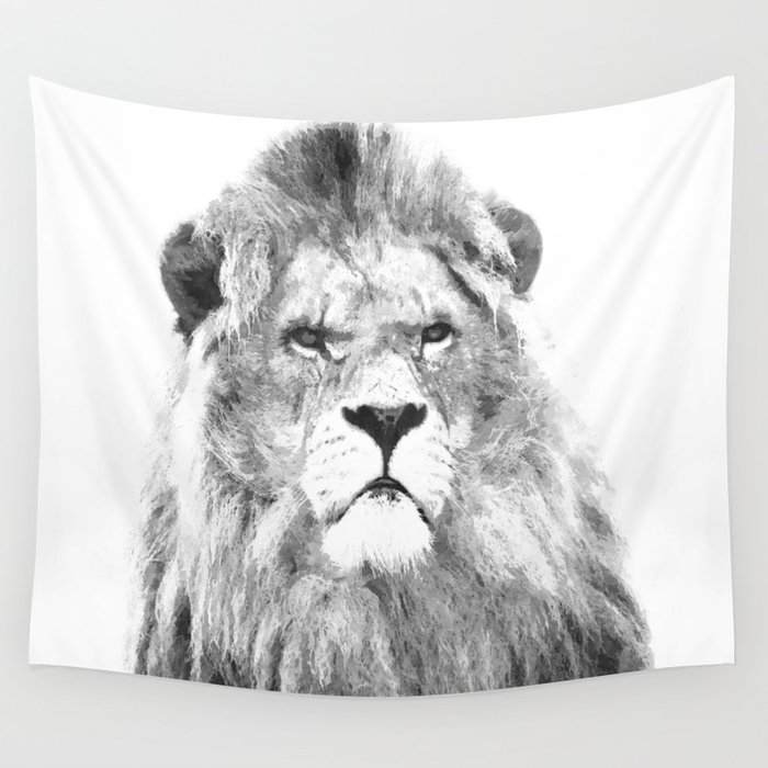 Black And White Lion Animal Portrait Wall Tapestry By Alemi