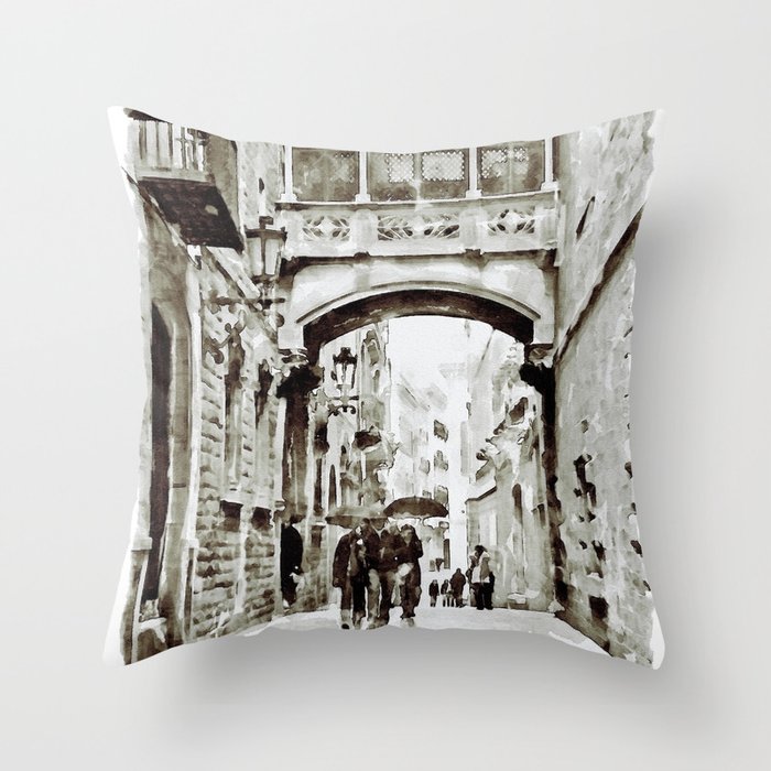 Carrer del Bisbe - Barcelona Black and White Throw Pillow