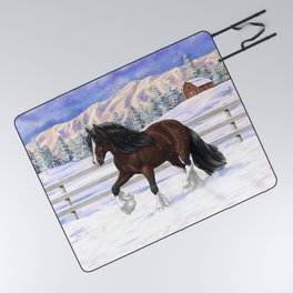 Beautiful Brown & White Bay Gypsy Vanner Draft Horse In Snow Picnic Blanket
