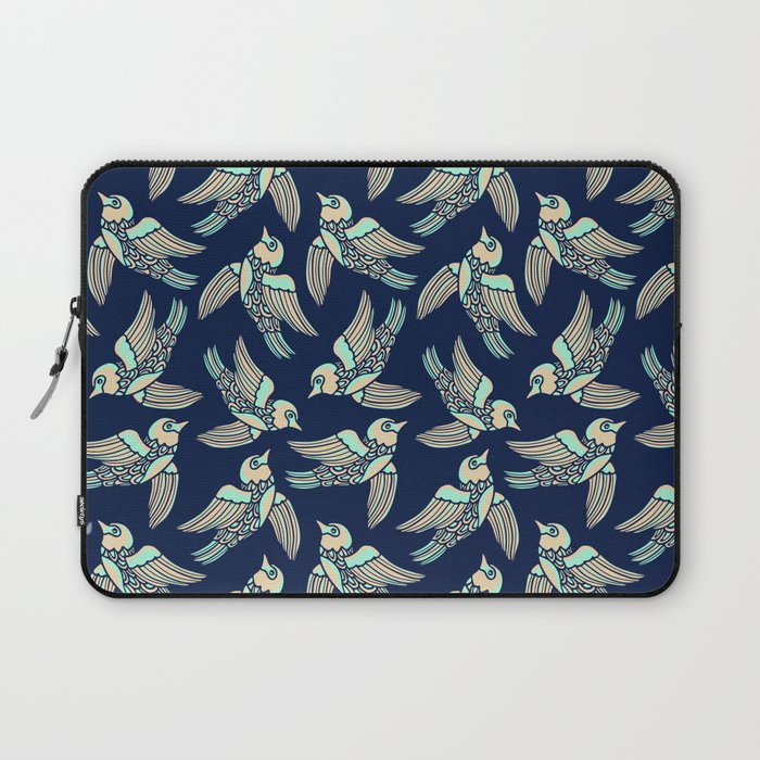 BIRDS FLYING HIGHER in MINT AND SAND ON DARK BLUE Laptop Sleeve