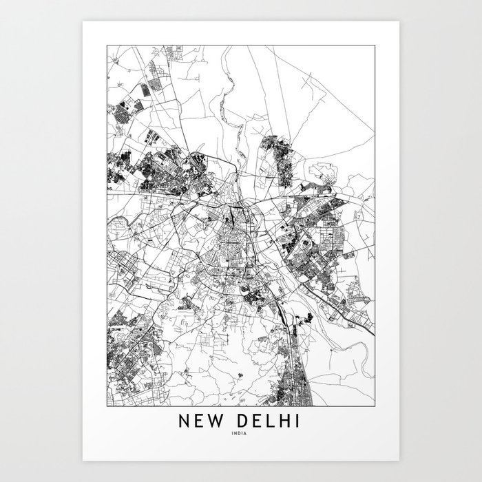 New Delhi White Map Art Print