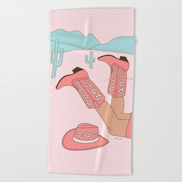 Cute Desert Cowgirl Pink Cowboy Boots Daisy Beach Towel