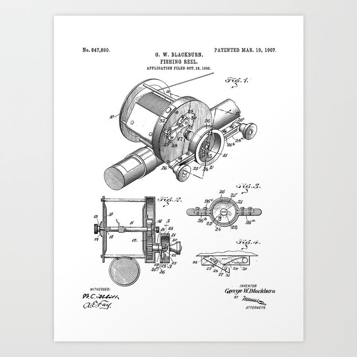 Fishing Reel Patent - Fishing Rod Art - Black And White Art Print by Patent  Press