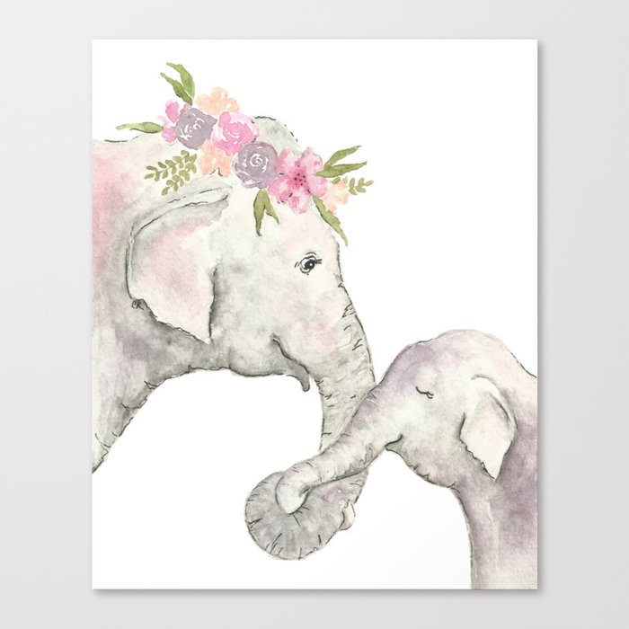 Elephant Mother And Baby Watercolor Canvas Print By