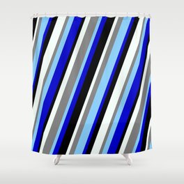 [ Thumbnail: Vibrant Gray, Light Sky Blue, Blue, Black, and Mint Cream Colored Lines Pattern Shower Curtain ]