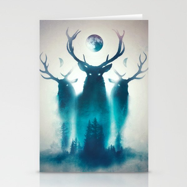 Deer Painting | Antlers | Forest | Moon | Occult | Vintage | Pine Trees Stationery Cards