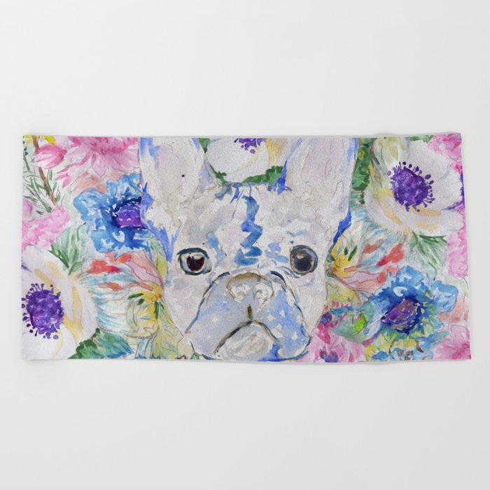 Abstract French Bulldog Floral Watercolor Paint Beach Towel By