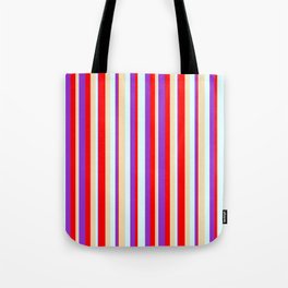 [ Thumbnail: Red, Dark Orchid, Light Cyan, and Tan Colored Stripes Pattern Tote Bag ]