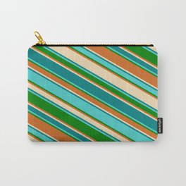 [ Thumbnail: Colorful Tan, Teal, Turquoise, Green, and Chocolate Colored Lines Pattern Carry-All Pouch ]