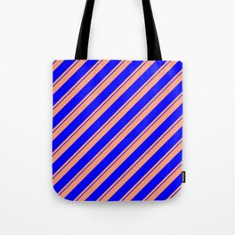 [ Thumbnail: Light Salmon and Blue Colored Stripes Pattern Tote Bag ]