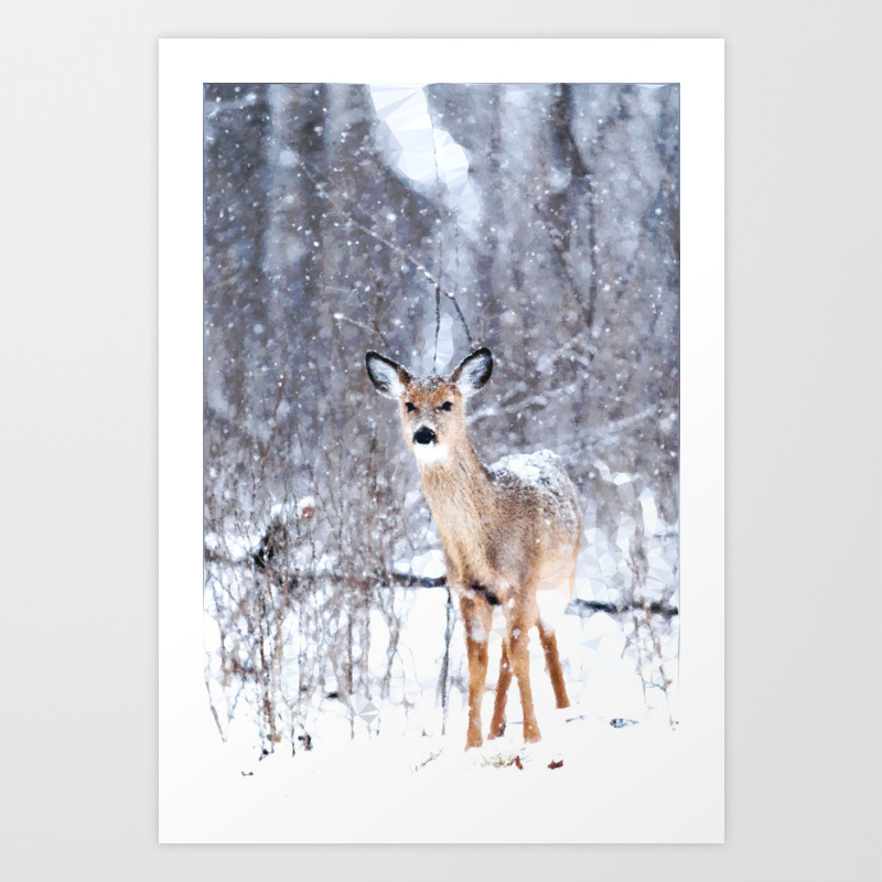 Deer In Snow Art Print By Alexandraolivierlecomte Society6