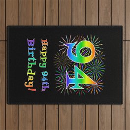 [ Thumbnail: 94th Birthday - Fun Rainbow Spectrum Gradient Pattern Text, Bursting Fireworks Inspired Background Outdoor Rug ]