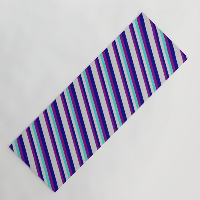Turquoise, Purple, Blue, and Light Grey Colored Striped/Lined Pattern Yoga Mat