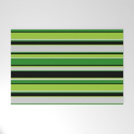[ Thumbnail: Green, Light Gray, Forest Green, and Black Colored Stripes Pattern Welcome Mat ]