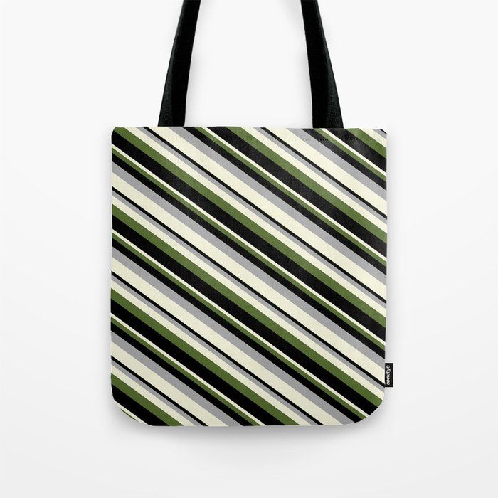 Dark Grey, Beige, Dark Olive Green, and Black Colored Striped/Lined Pattern Tote Bag