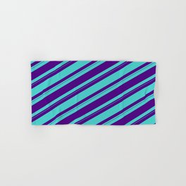 [ Thumbnail: Indigo & Turquoise Colored Striped/Lined Pattern Hand & Bath Towel ]