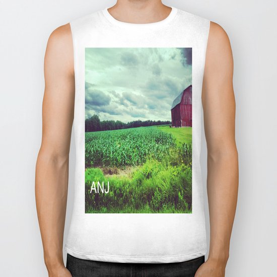 Red Barn on a Rainy Cloudy Day Biker Tank