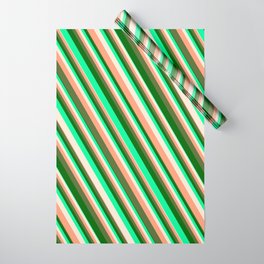 [ Thumbnail: Vibrant Green, Beige, Light Salmon, Dark Olive Green & Dark Green Colored Striped/Lined Pattern Wrapping Paper ]