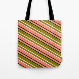 [ Thumbnail: Salmon, Black, Green, and White Colored Lines Pattern Tote Bag ]