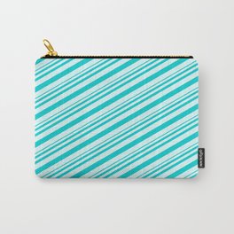 [ Thumbnail: Dark Turquoise & Light Cyan Colored Pattern of Stripes Carry-All Pouch ]