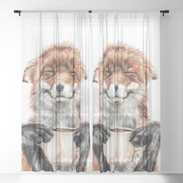 " Morning fox " Red fox with her morning coffee Sheer Curtain