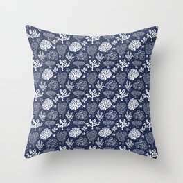 Navy Blue And White Coral Silhouette Pattern Throw Pillow
