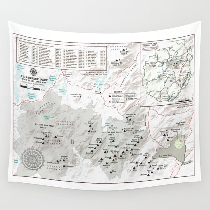 Adk High Peaks Map Adirondack 46 High Peaks Map [Black And White] Wandbehang Von Kokua Design  Company | Society6