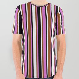 [ Thumbnail: Orchid, Brown, White & Black Colored Lined Pattern All Over Graphic Tee ]