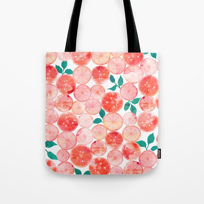 Summer fruit Tote Bag | Graphic-design, Grapefruit-pattern, Oranges-pattern, Watercolor-fruit, Bright, Summer-pattern, Fruit-pattern, Living-coral, Coral-pink