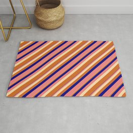 [ Thumbnail: Blue, Light Coral, Tan & Chocolate Colored Lined/Striped Pattern Rug ]