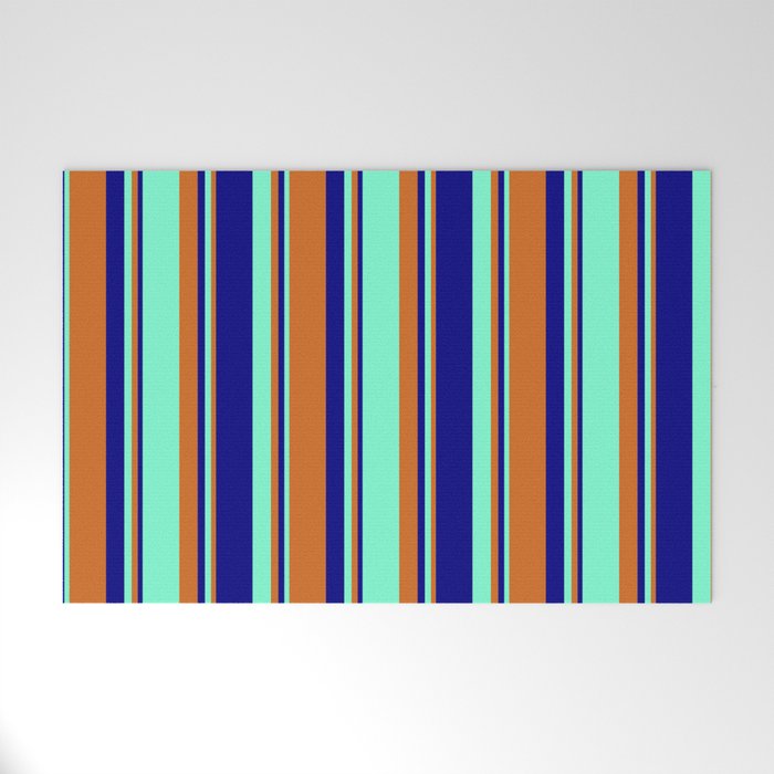 Chocolate, Aquamarine & Blue Colored Stripes Pattern Welcome Mat